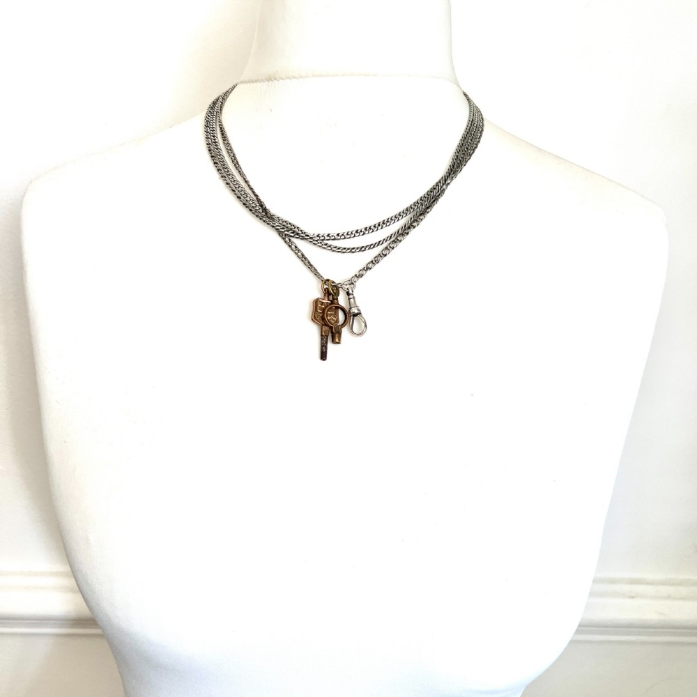 Very Long Victorian Silver Chain Necklace with Watch Keys and Albert Clip View XI