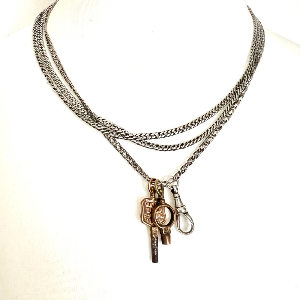 Very Long Victorian Silver Chain Necklace with Watch Keys and Albert Clip View XII
