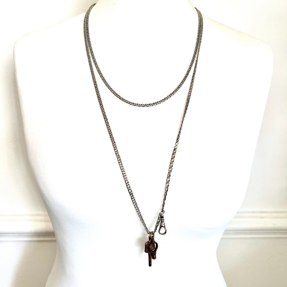 Very Long Victorian Silver Chain Necklace with Watch Keys and Albert Clip View XIII