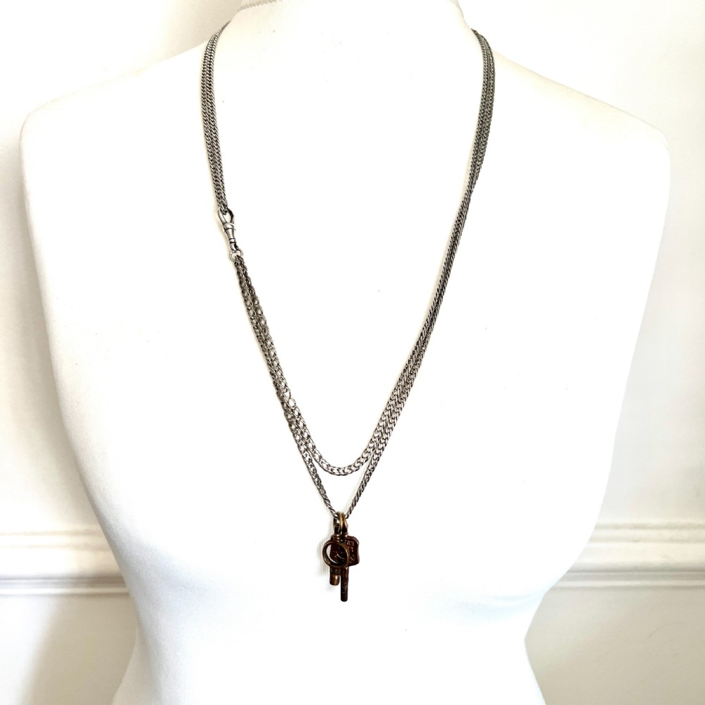 Very Long Victorian Silver Chain Necklace with Watch Keys and Albert Clip View XIV