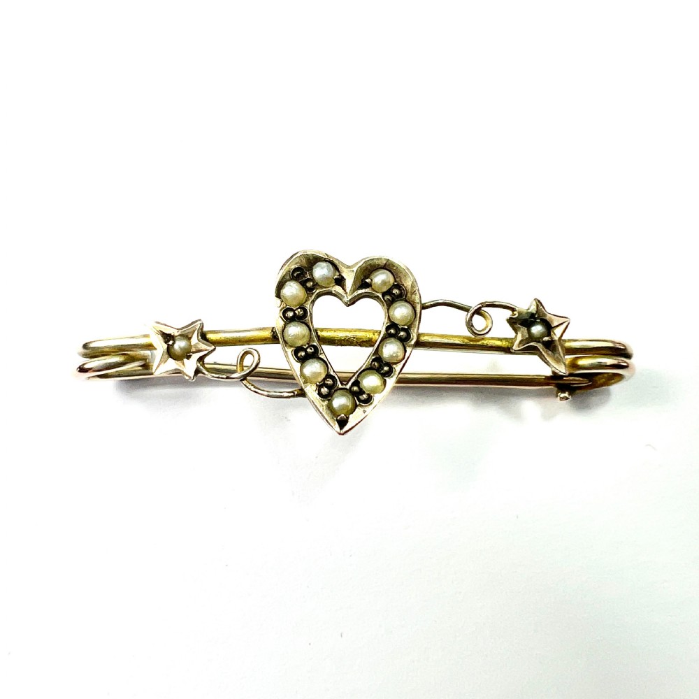 Edwardian 9CT Gold Pearl Heart and Ivy Safety Pin Brooch