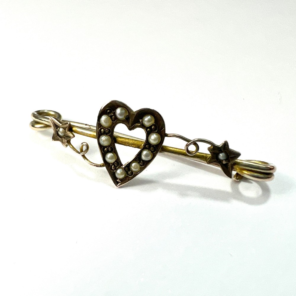 Edwardian 9CT Gold Pearl Heart and Ivy Safety Pin Brooch View II