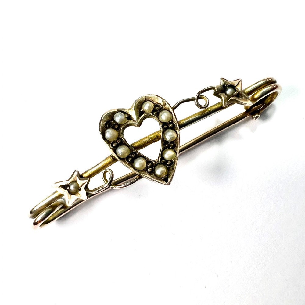 Edwardian 9CT Gold Pearl Heart and Ivy Safety Pin Brooch View III