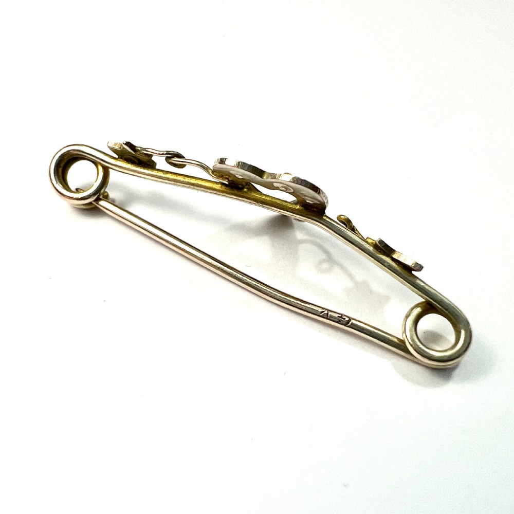 Edwardian 9CT Gold Pearl Heart and Ivy Safety Pin Brooch View IV