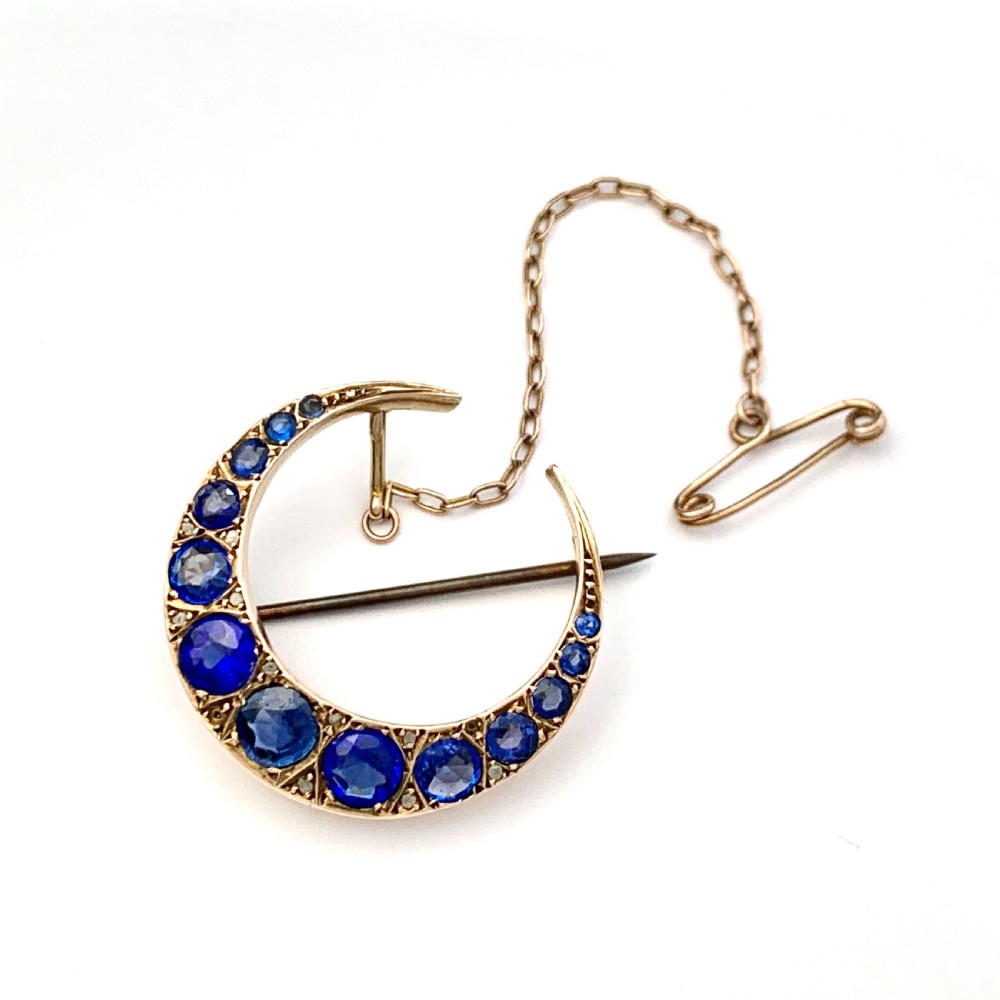 Edwardian 1911 Diamond and Sapphire Paste Crescent Brooch View II