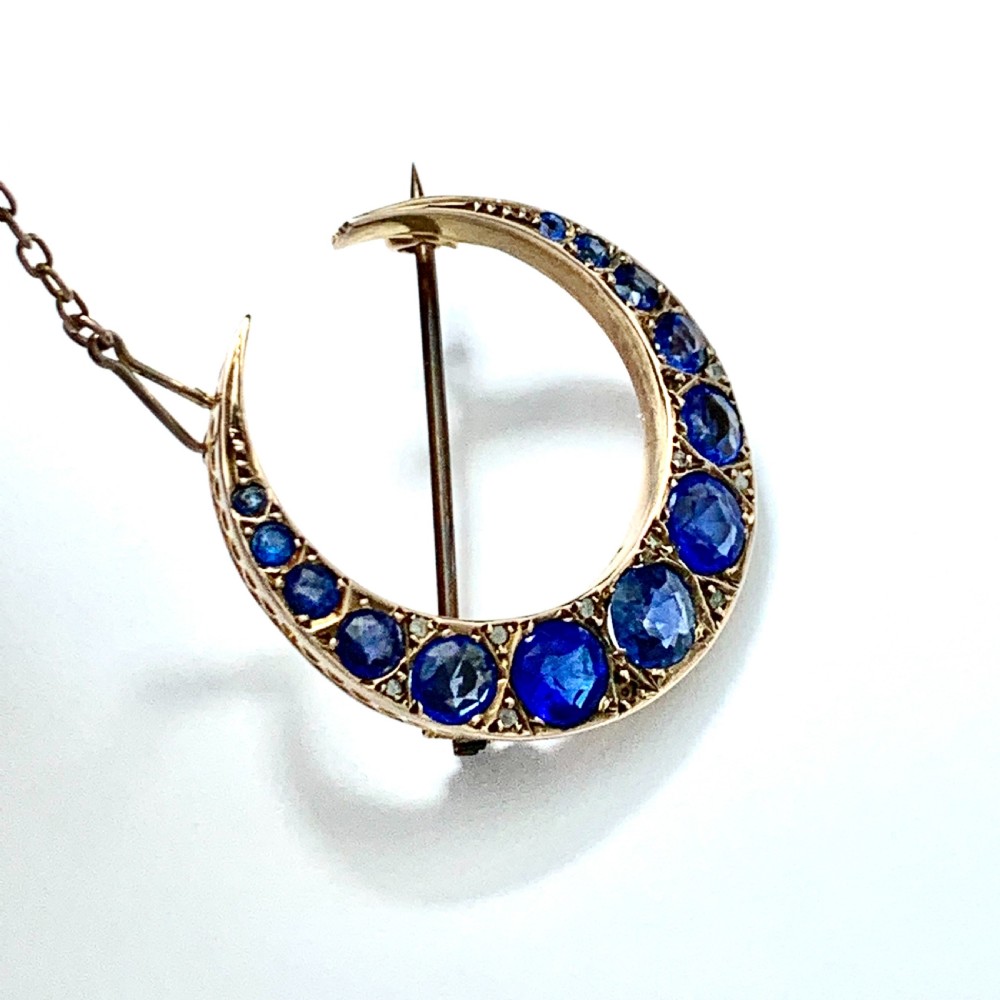 Edwardian 1911 Diamond and Sapphire Paste Crescent Brooch View III