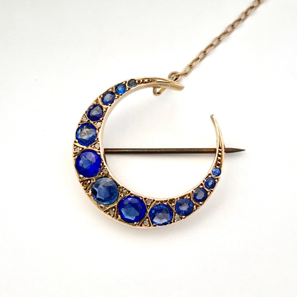 Edwardian 1911 Diamond and Sapphire Paste Crescent Brooch View V