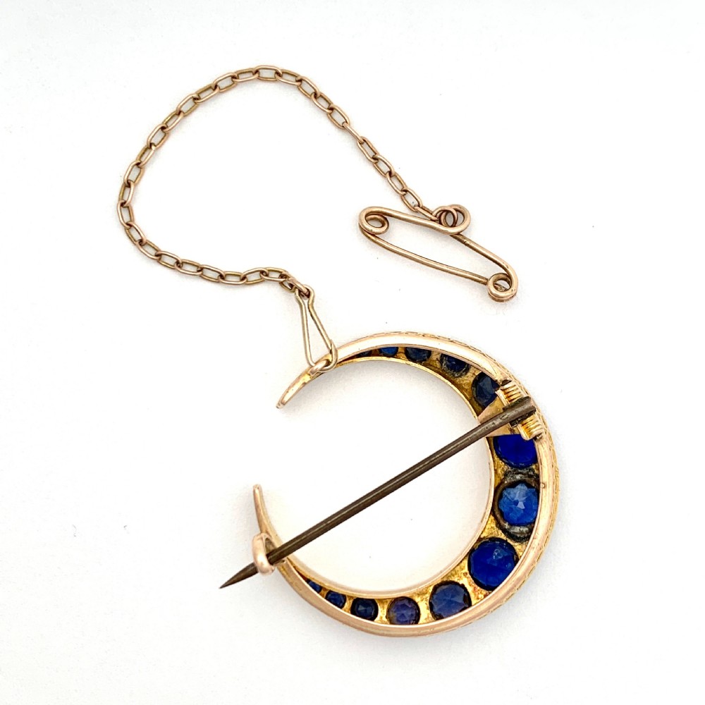 Edwardian 1911 Diamond and Sapphire Paste Crescent Brooch View VII