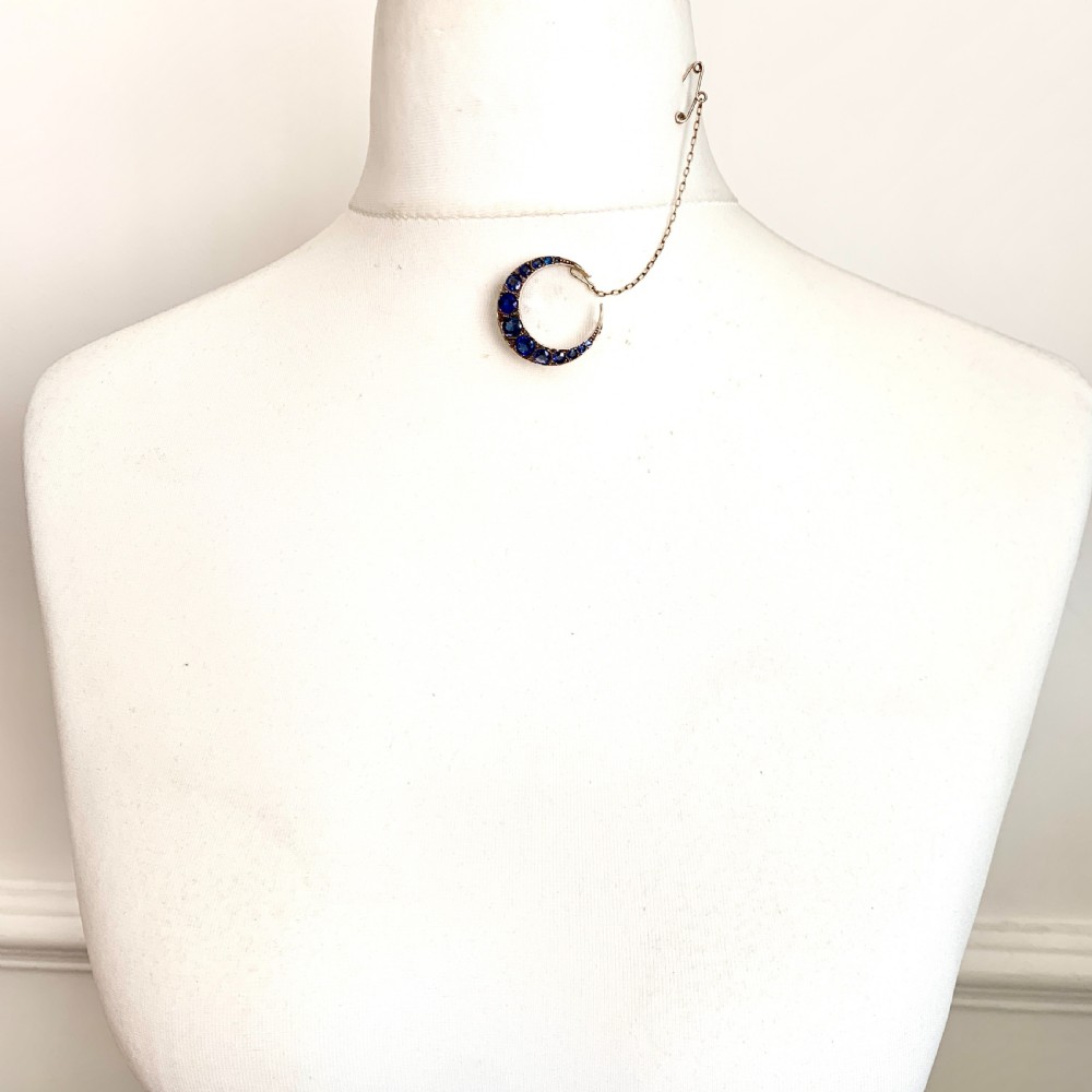 Edwardian 1911 Diamond and Sapphire Paste Crescent Brooch View IX