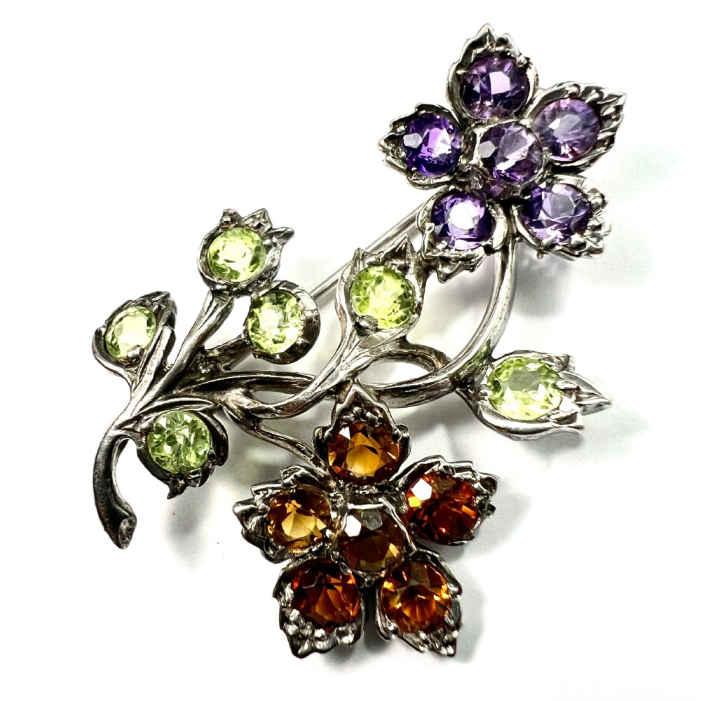 Vintage Amethyst, Citrine, Peridot Silver Flower Bouquet Brooch