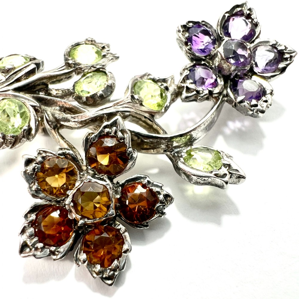 Vintage Amethyst, Citrine, Peridot Silver Flower Bouquet Brooch View II