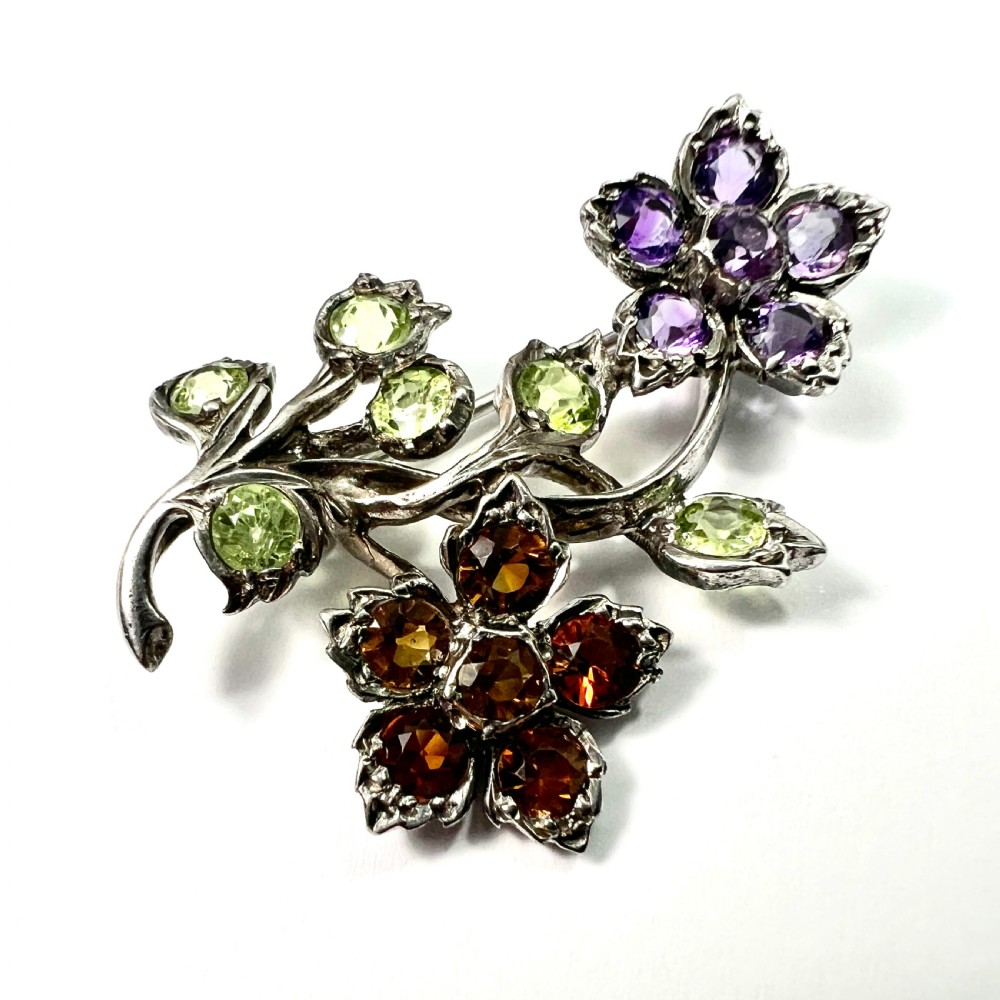 Vintage Amethyst, Citrine, Peridot Silver Flower Bouquet Brooch View III