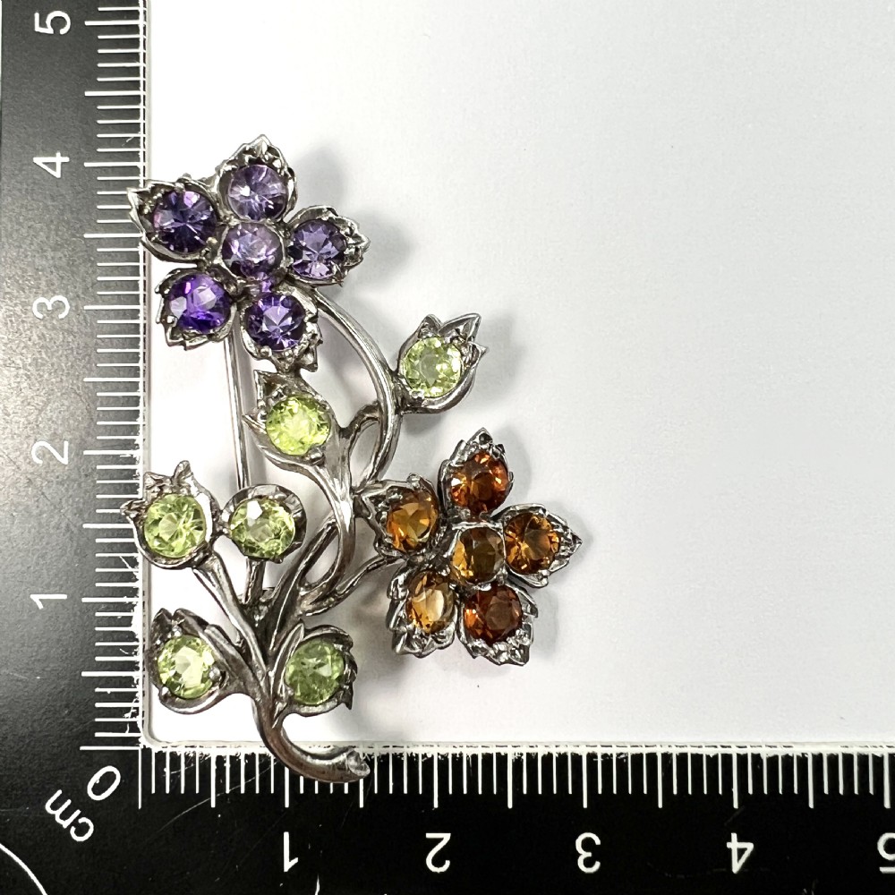 Vintage Amethyst, Citrine, Peridot Silver Flower Bouquet Brooch View IV