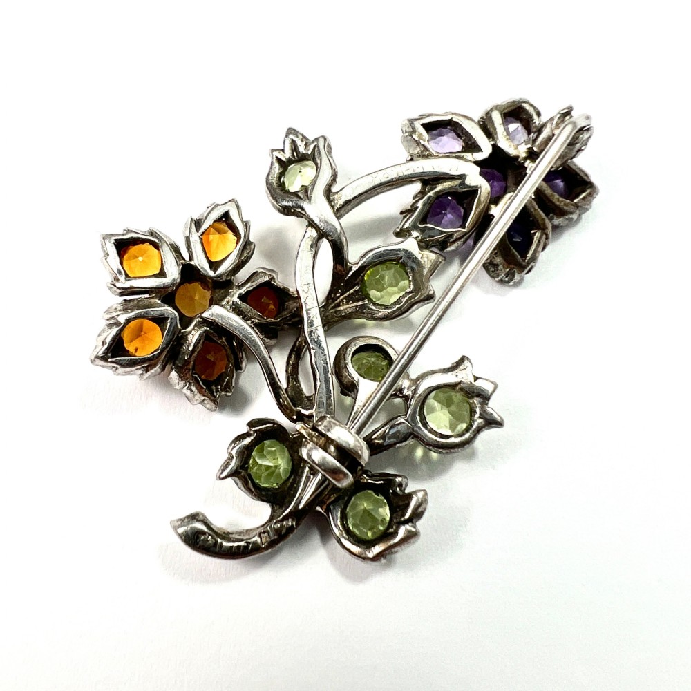 Vintage Amethyst, Citrine, Peridot Silver Flower Bouquet Brooch View V