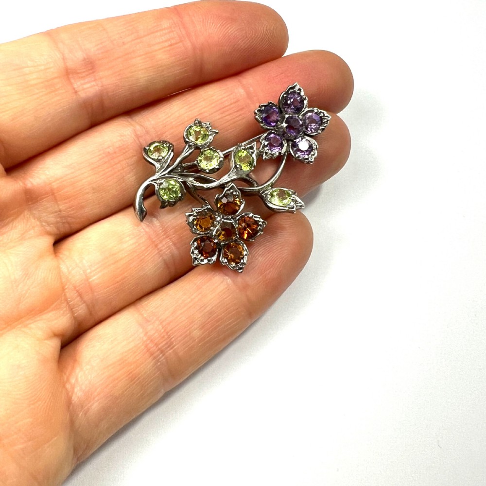 Vintage Amethyst, Citrine, Peridot Silver Flower Bouquet Brooch View VI