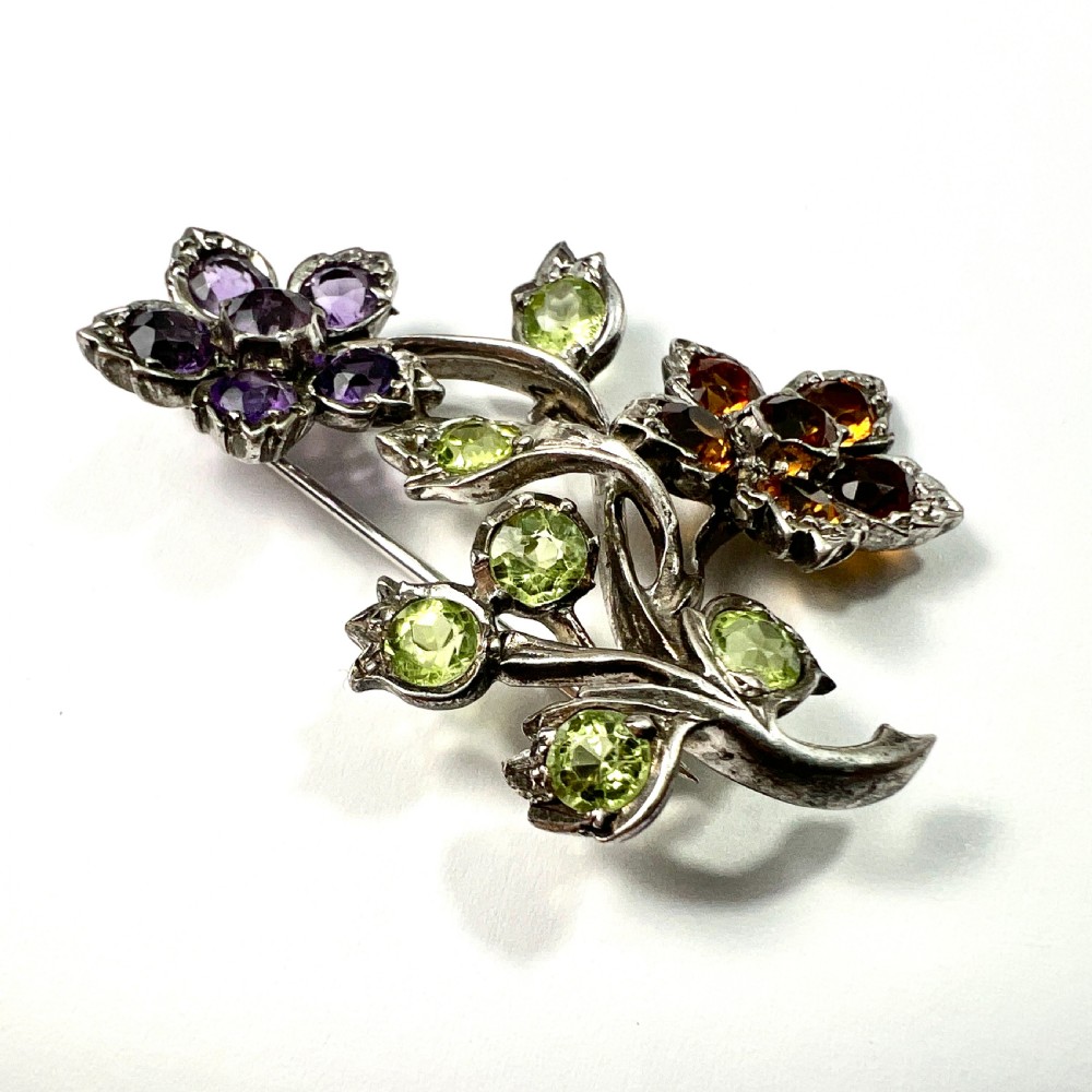 Vintage Amethyst, Citrine, Peridot Silver Flower Bouquet Brooch View VII