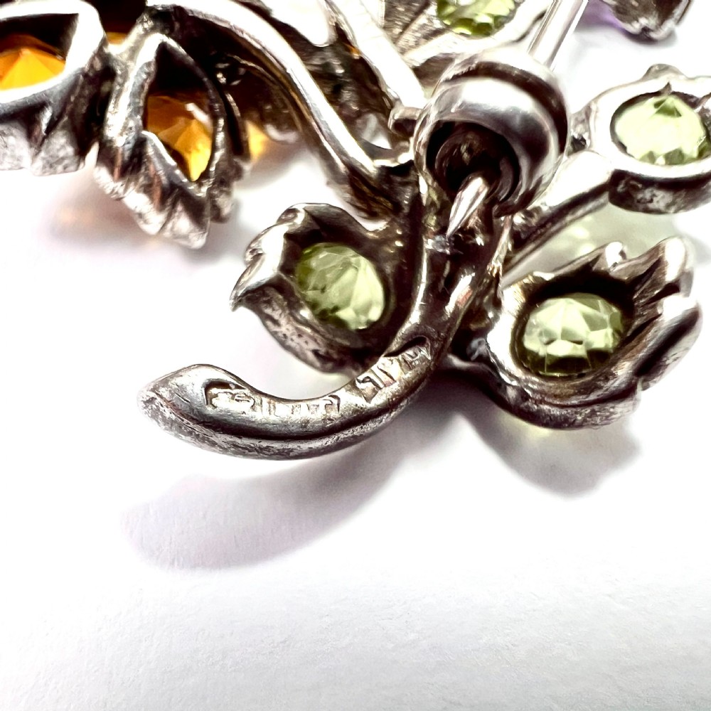 Vintage Amethyst, Citrine, Peridot Silver Flower Bouquet Brooch View VIII