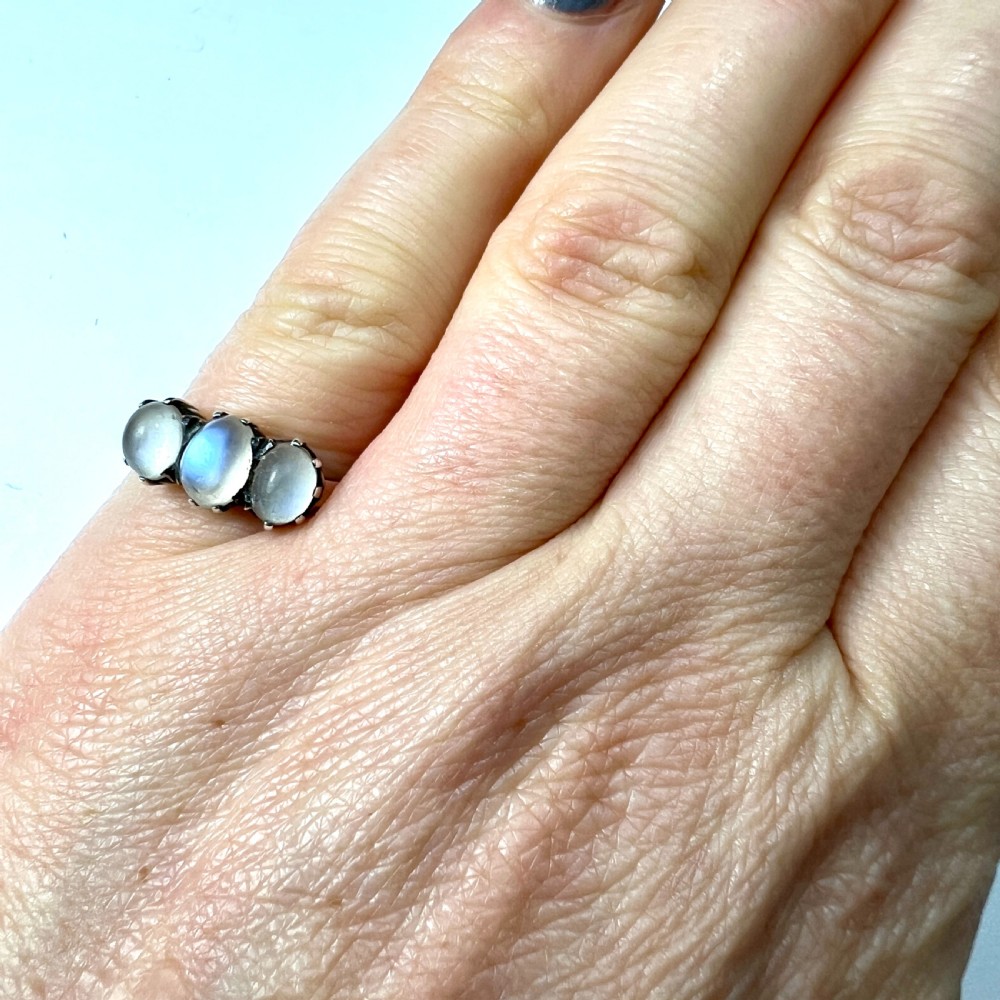Edwardian Moonstone Three Stone Silver Ring View V