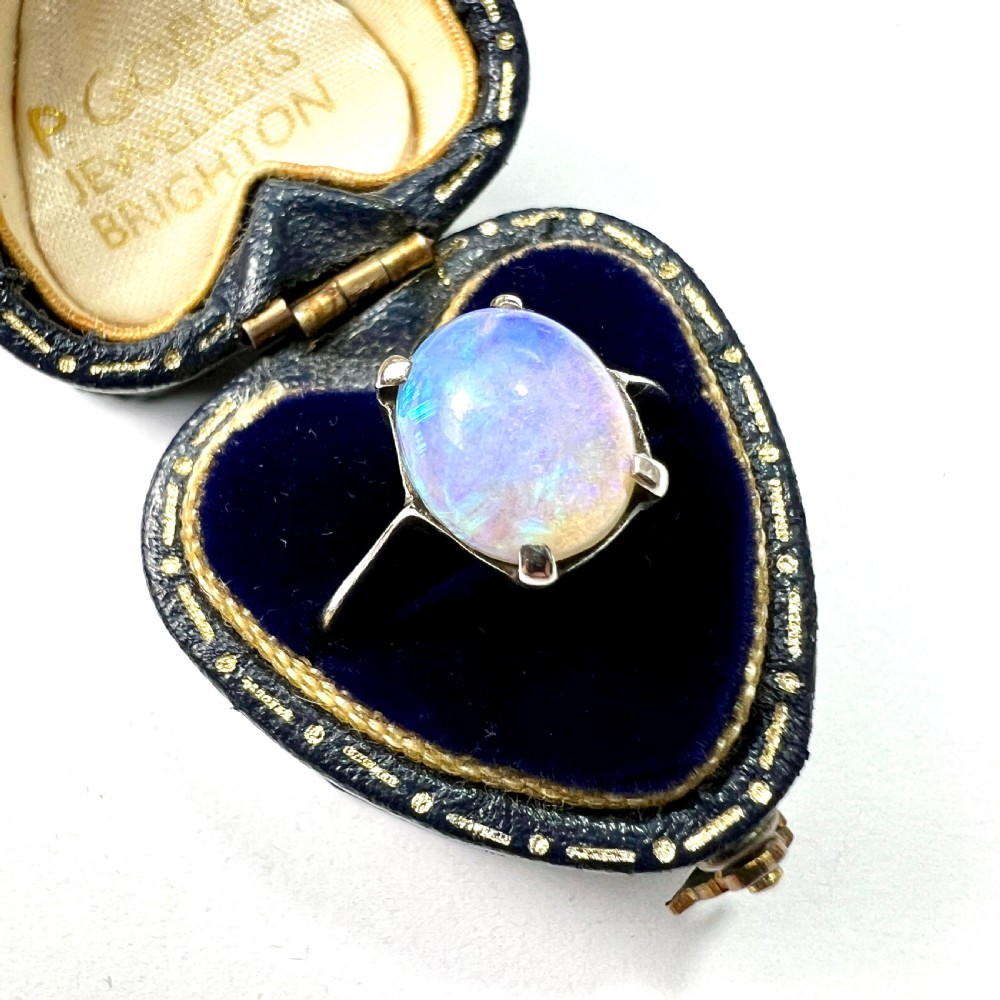 Art Deco Opal Solitaire Sterling Silver Ring 