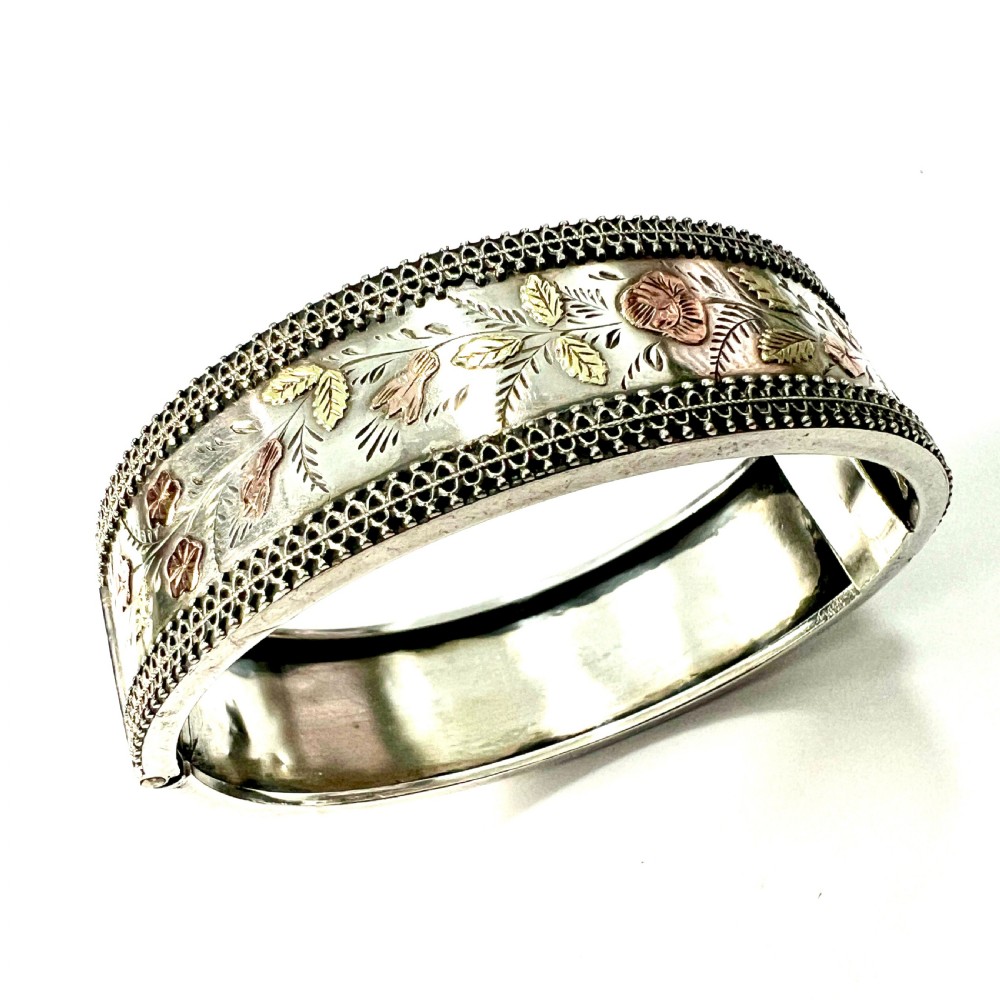 RESERVED for PR • Victorian Silver and Gold Hinged Cuff Bangle View III