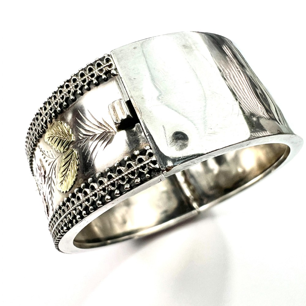 RESERVED for PR • Victorian Silver and Gold Hinged Cuff Bangle View VI