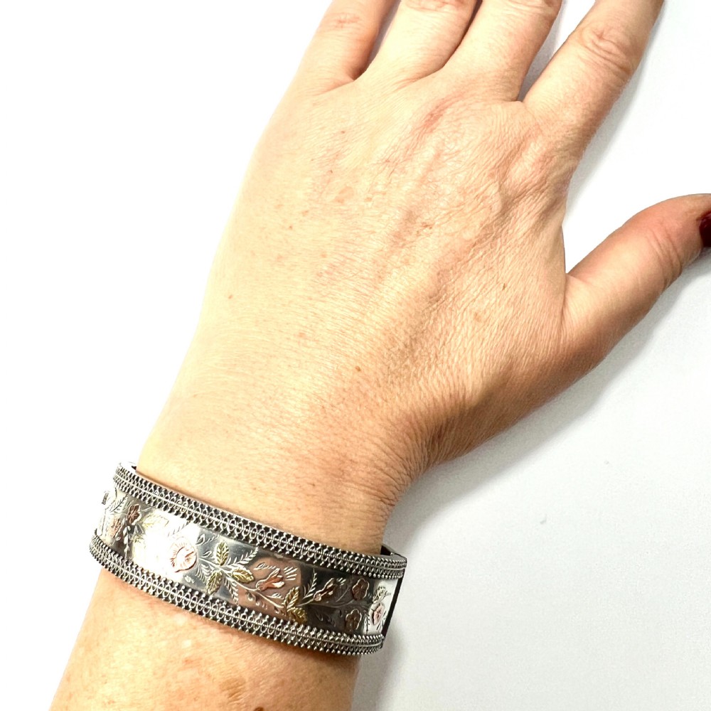 RESERVED for PR • Victorian Silver and Gold Hinged Cuff Bangle View IX