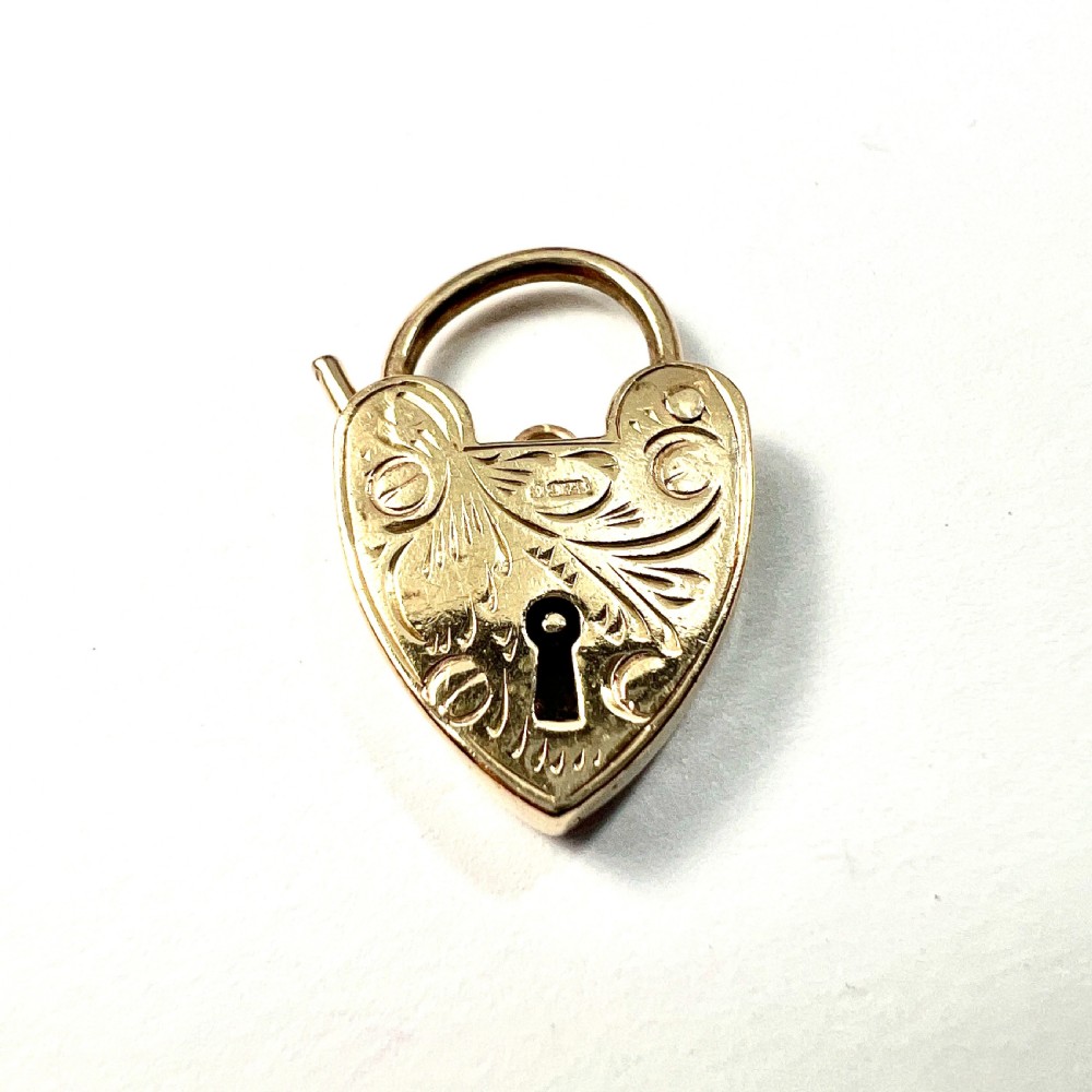 Vintage 9CT Gold Engraved Heart Padlock Charm Pendant