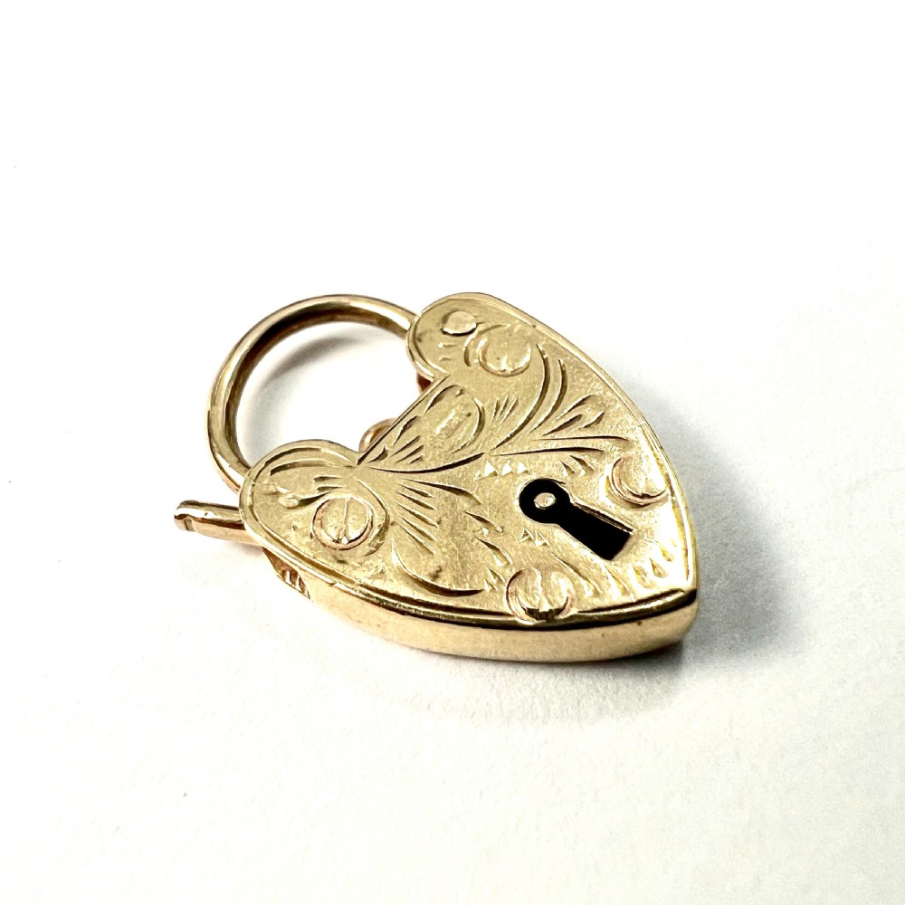 Vintage 9CT Gold Engraved Heart Padlock Charm Pendant View III