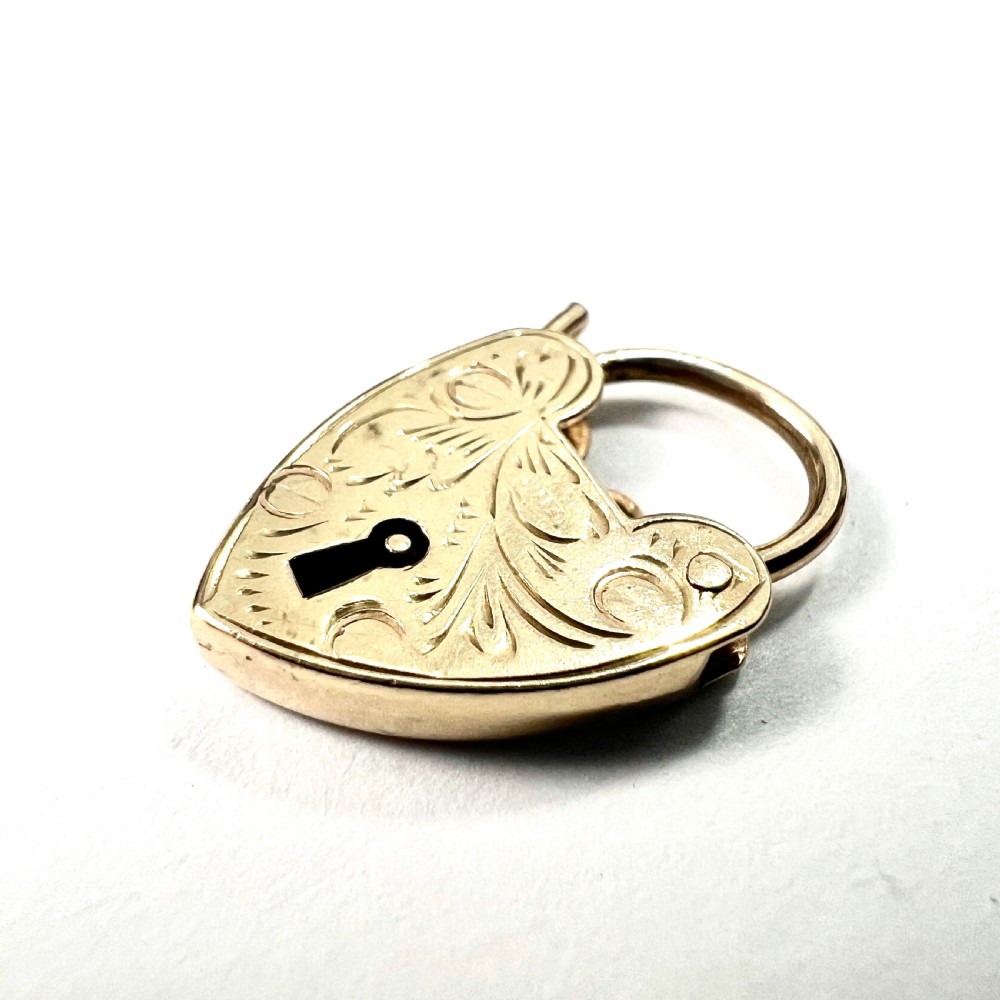Vintage 9CT Gold Engraved Heart Padlock Charm Pendant View IV