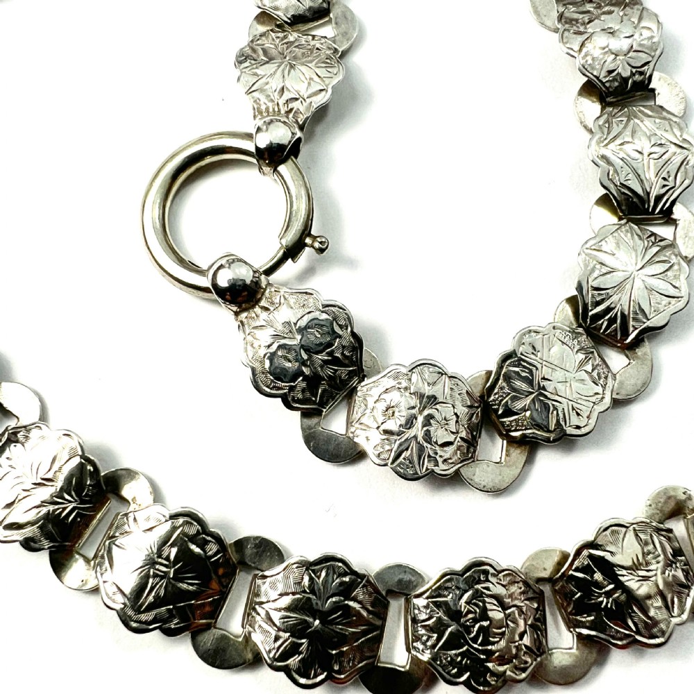 Victorian Silver Botanical Engraved Book Chain Necklace View II