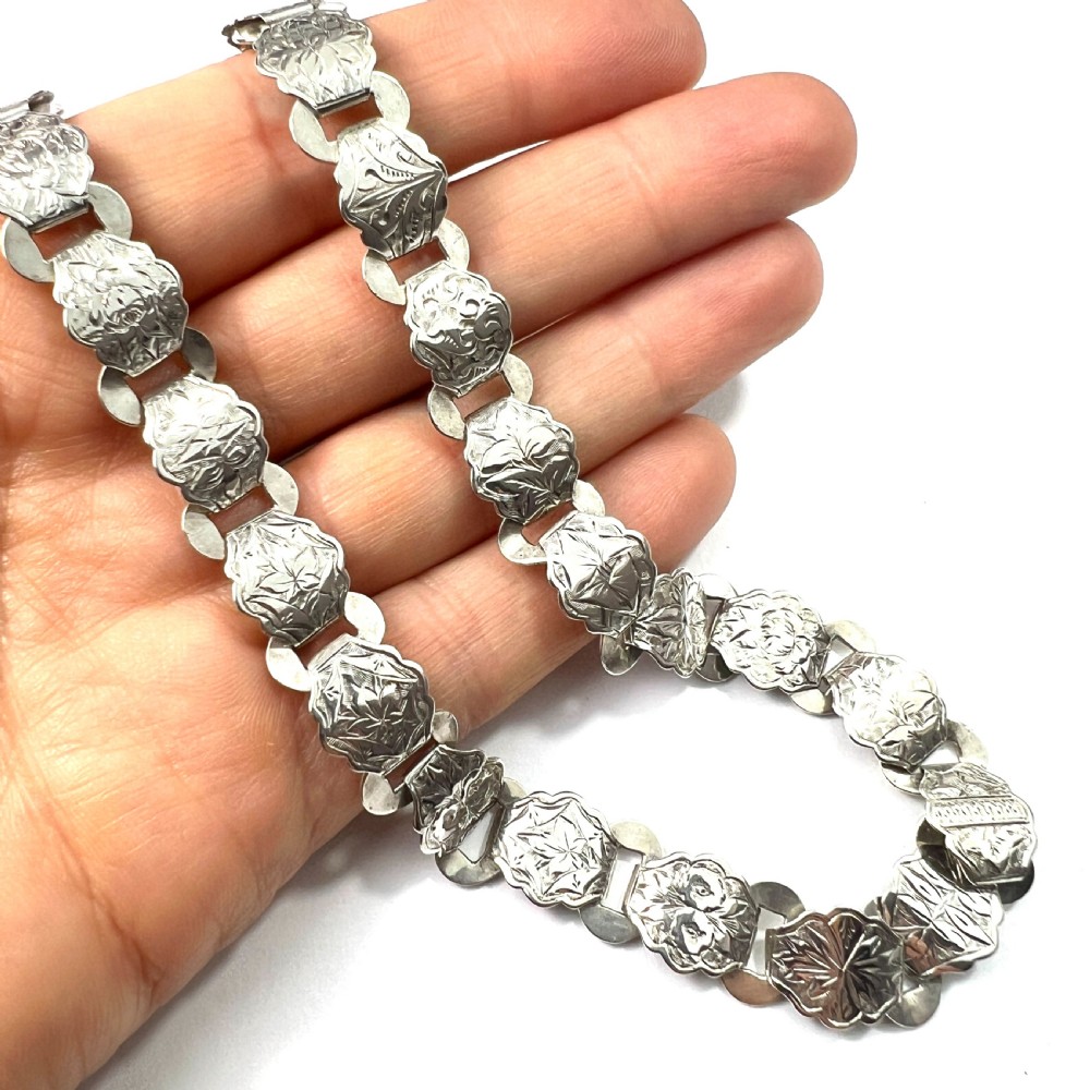 Victorian Silver Botanical Engraved Book Chain Necklace View VII