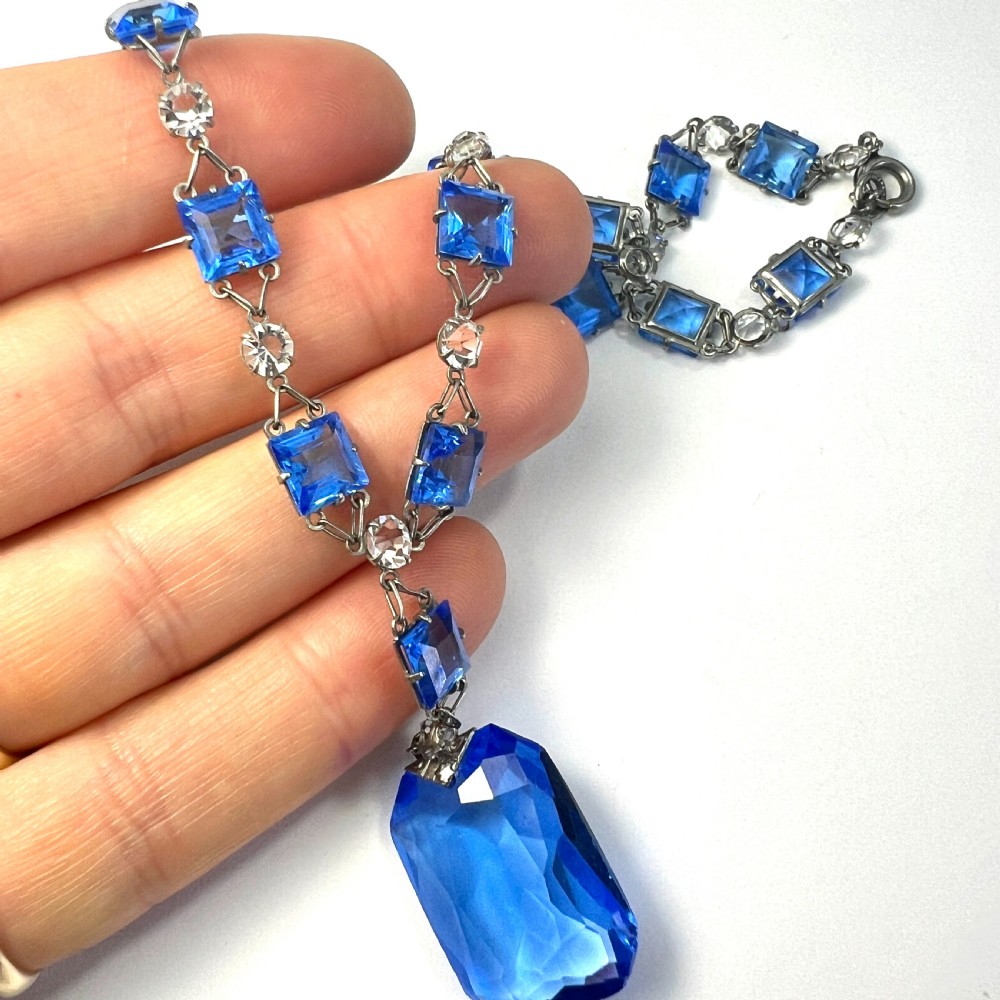 Art Deco Platinon Sapphire Glass Necklace View V