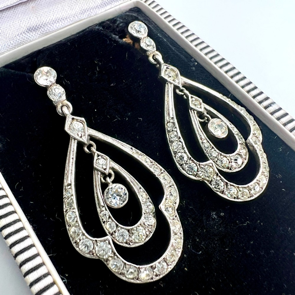 Vintage Art Deco Gold Posts Sterling Silver Paste Chandelier Earrings View II