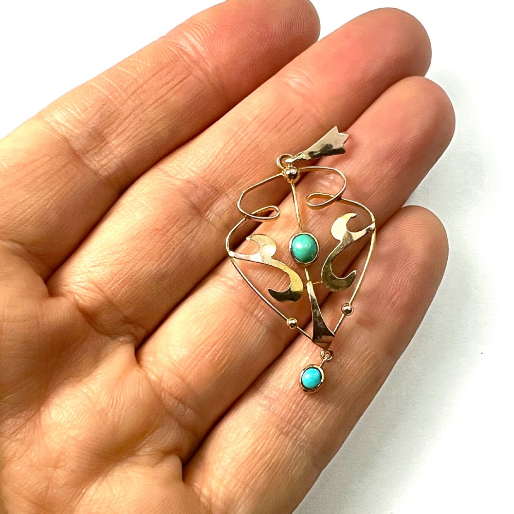 Edwardian 9CT Gold Turquoise Lavalier Pendant View VII