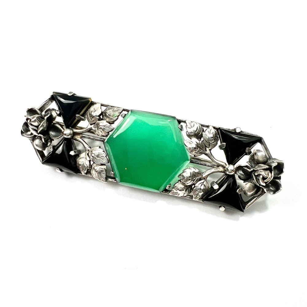 Arts and Crafts Silver Chrysoprase Leaf and Flower Brooch View II