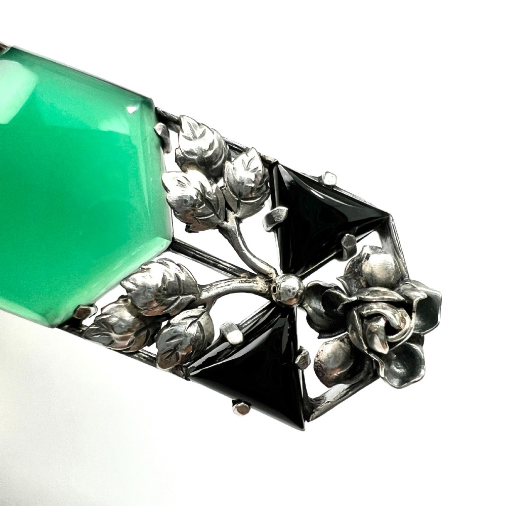 Arts and Crafts Silver Chrysoprase Leaf and Flower Brooch View III