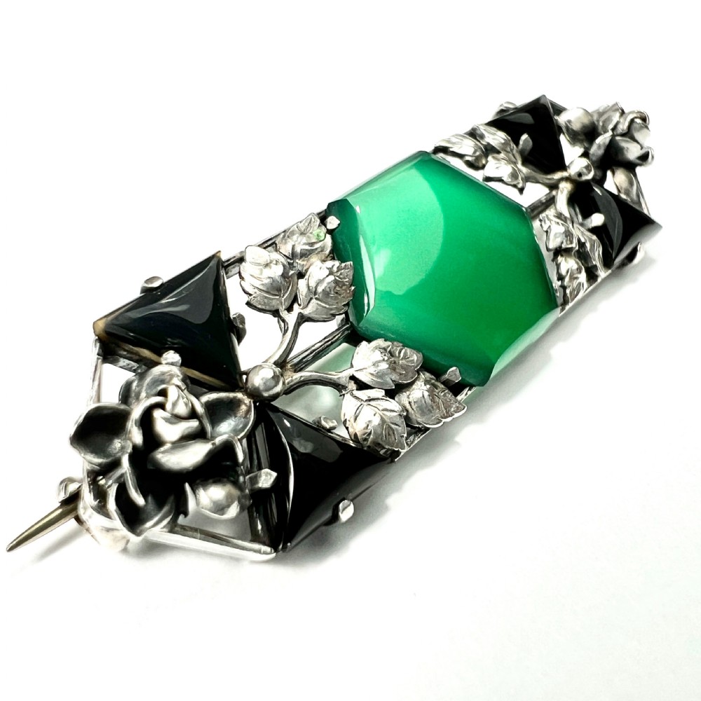 Arts and Crafts Silver Chrysoprase Leaf and Flower Brooch View IV