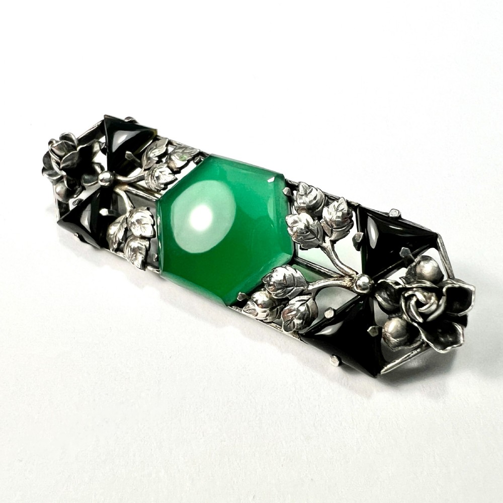 Arts and Crafts Silver Chrysoprase Leaf and Flower Brooch View V