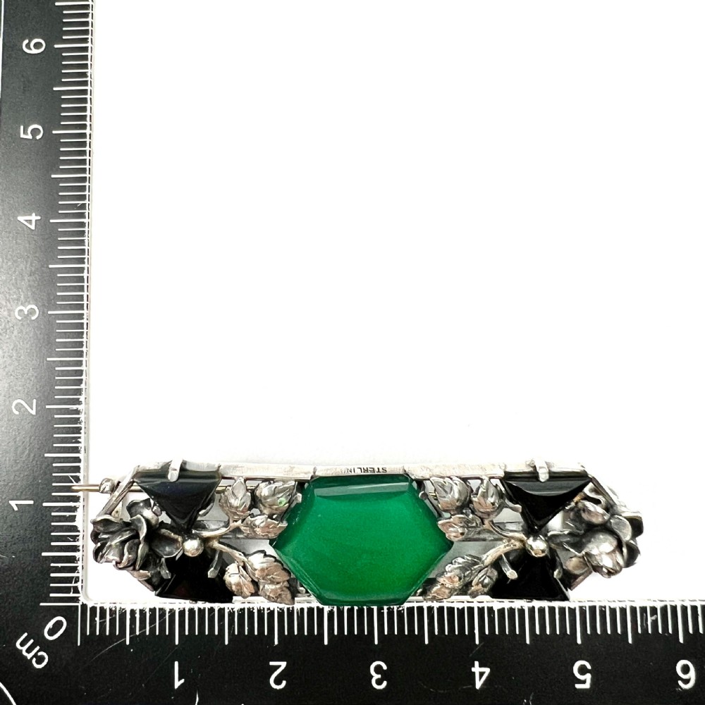 Arts and Crafts Silver Chrysoprase Leaf and Flower Brooch View VII