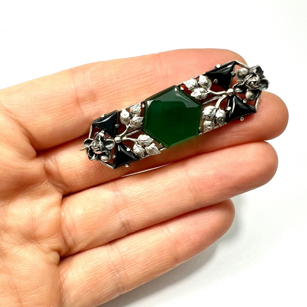 Arts and Crafts Silver Chrysoprase Leaf and Flower Brooch View VIII
