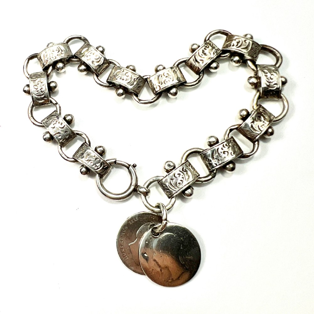Victorian Silver Book Chain Bracelet with Groat Coin Charms