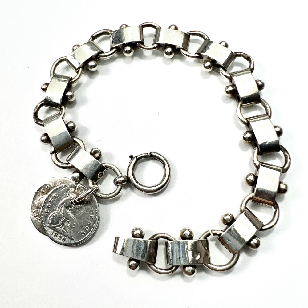 Victorian Silver Book Chain Bracelet with Groat Coin Charms View II