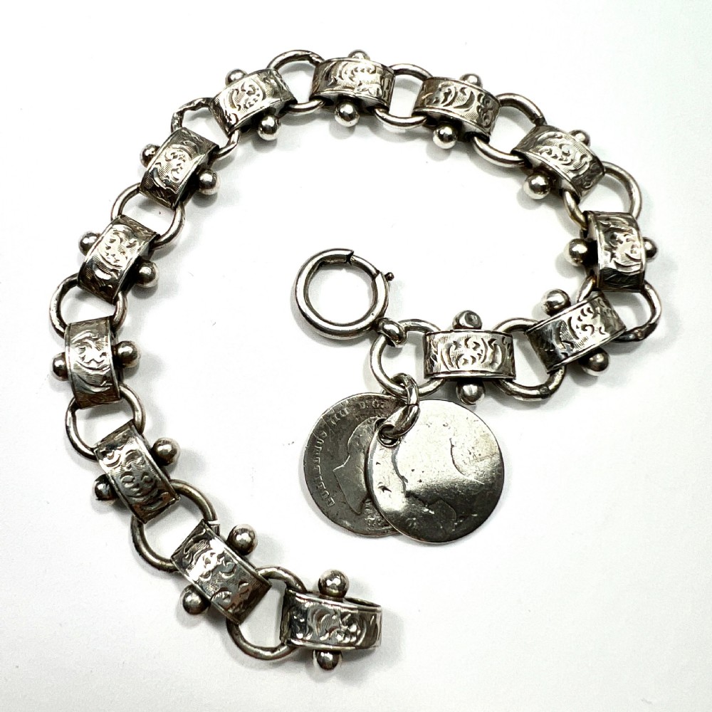 Victorian Silver Book Chain Bracelet with Groat Coin Charms View III