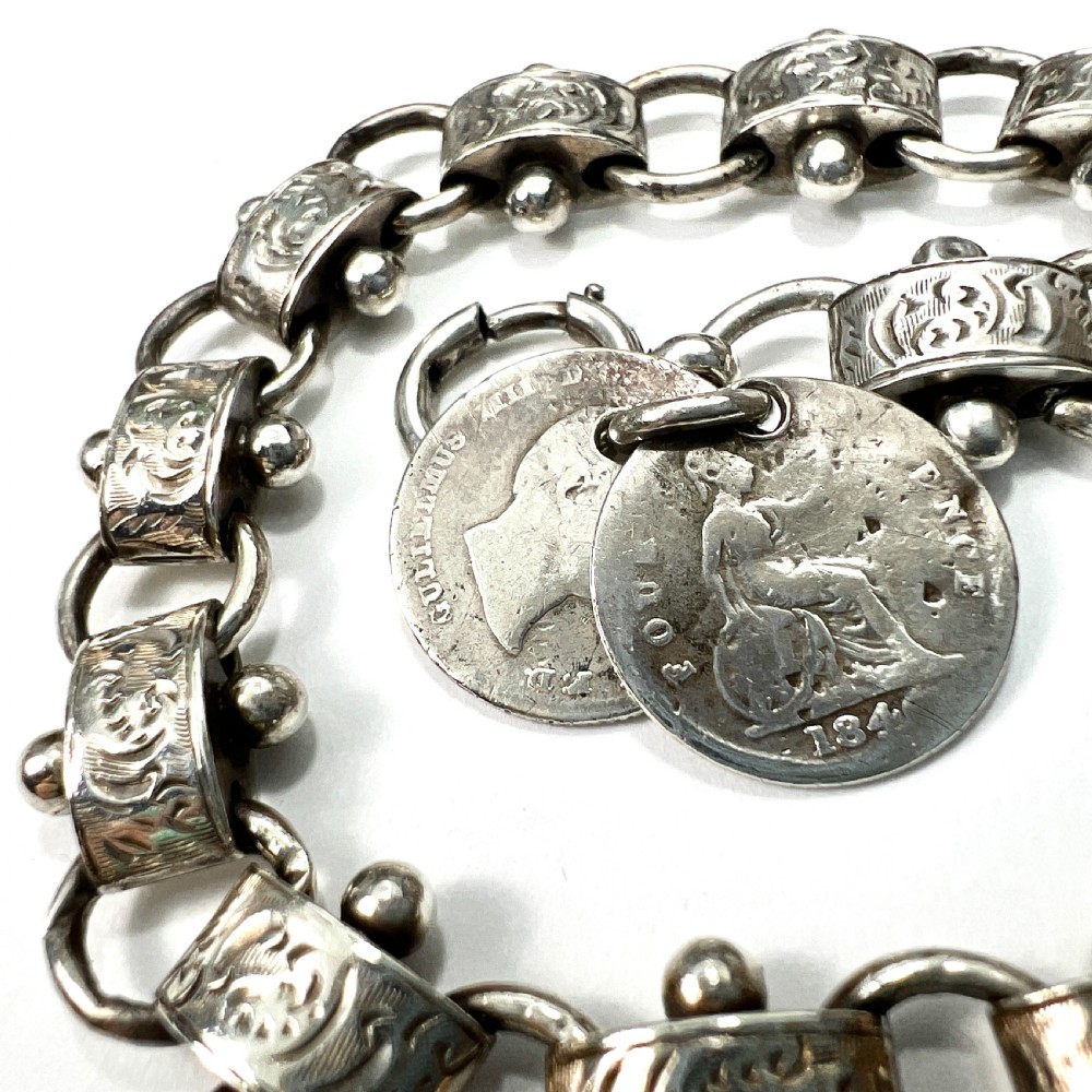 Victorian Silver Book Chain Bracelet with Groat Coin Charms View V