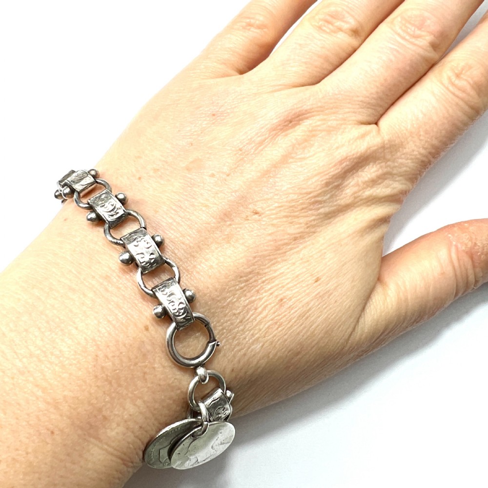 Victorian Silver Book Chain Bracelet with Groat Coin Charms View VII