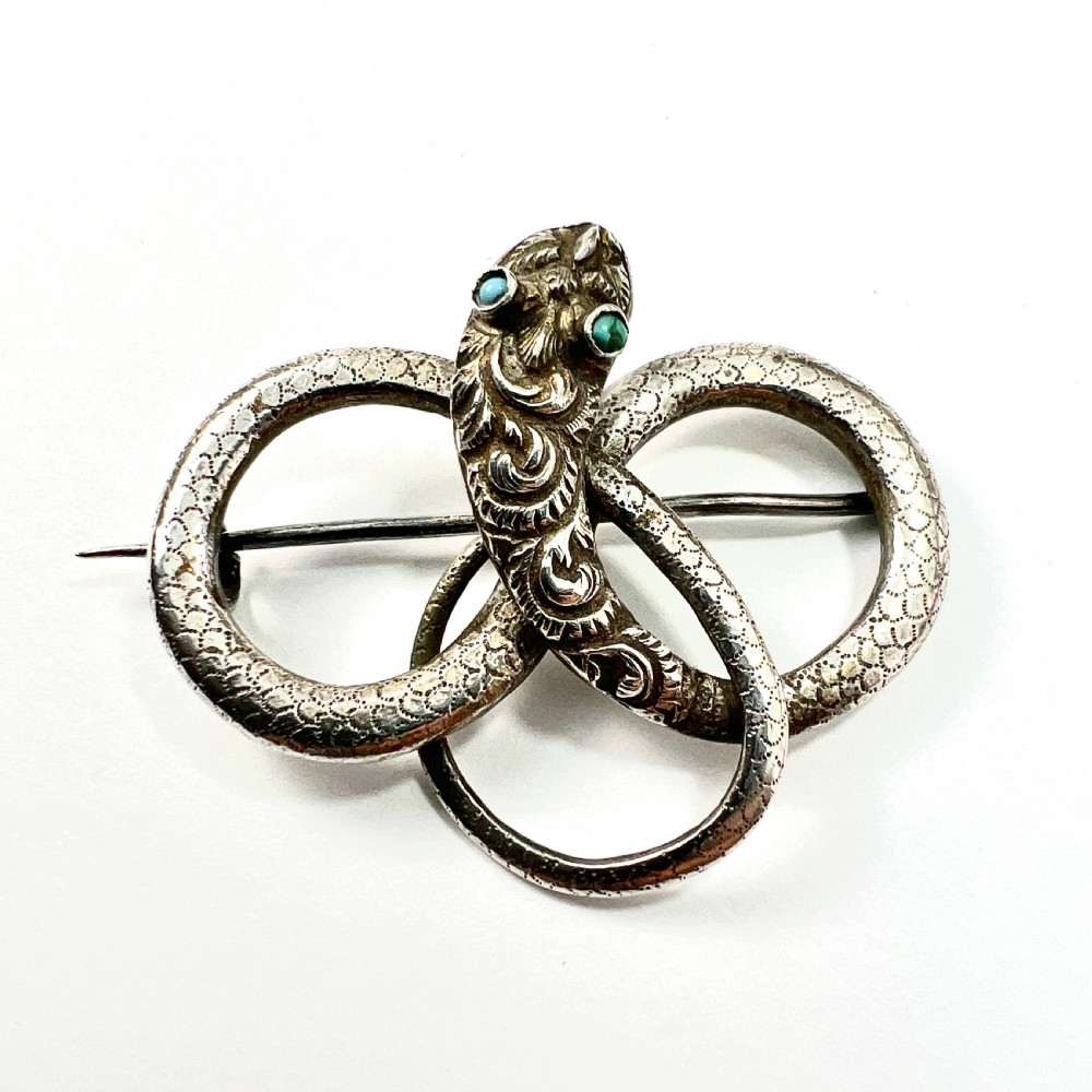 Georgian Silver Serpent Brooch with Turquoise Eyes
