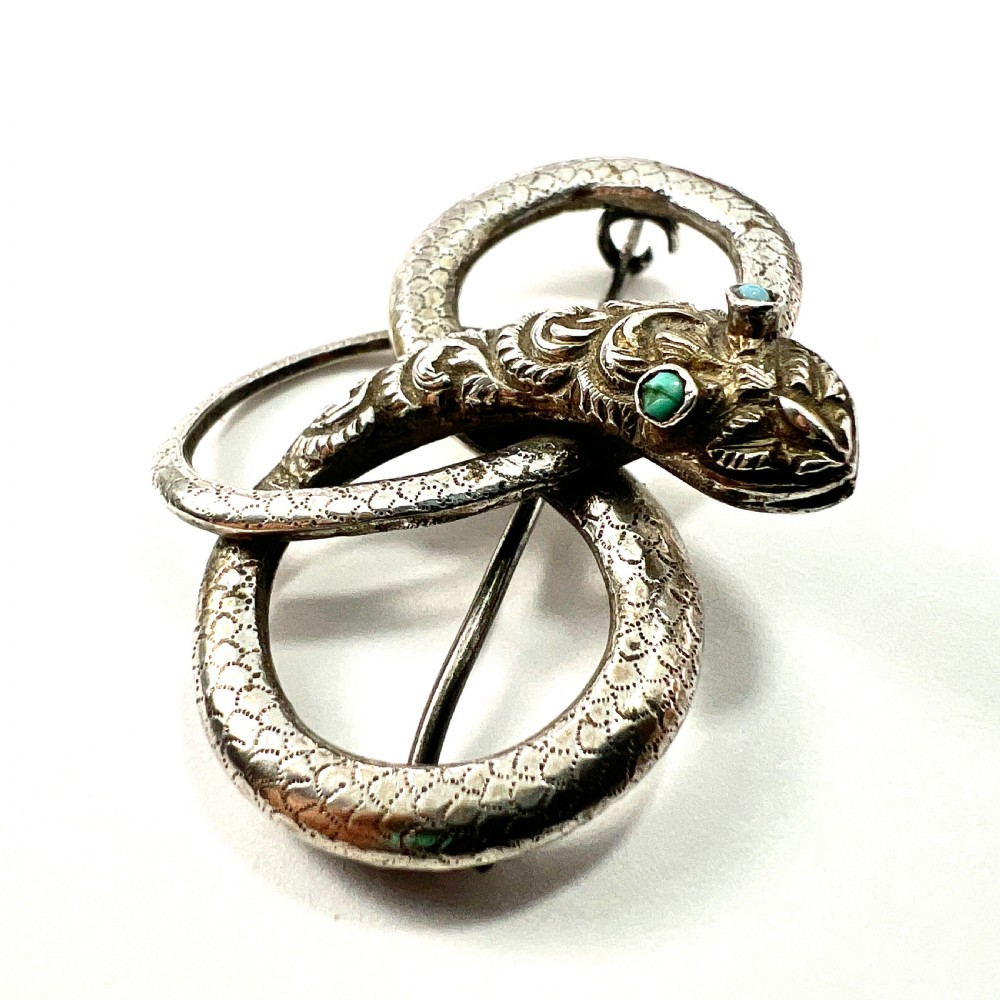 Georgian Silver Serpent Brooch with Turquoise Eyes View II