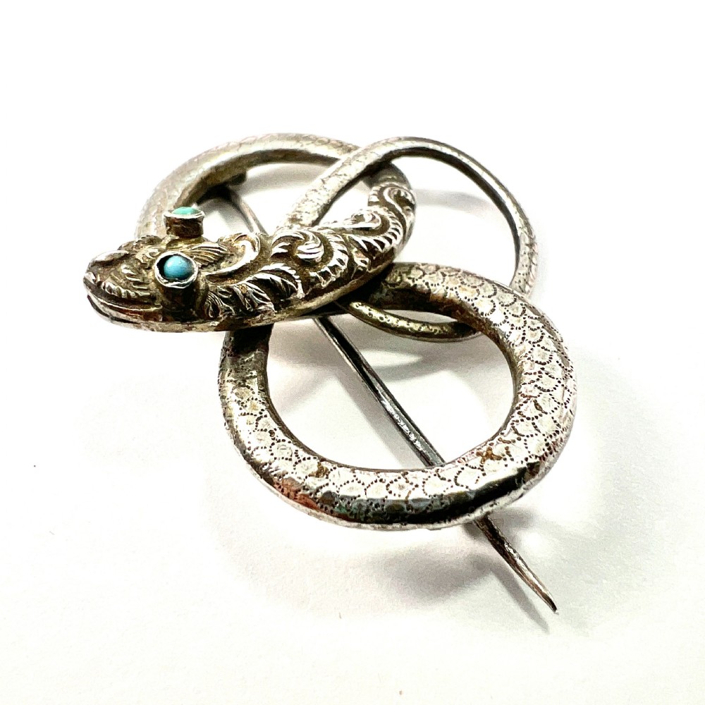 Georgian Silver Serpent Brooch with Turquoise Eyes View III