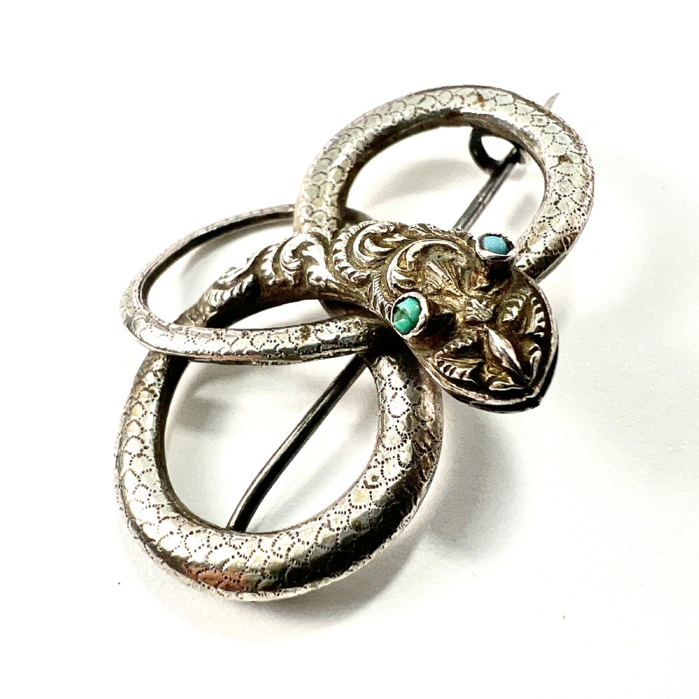 Georgian Silver Serpent Brooch with Turquoise Eyes View IV