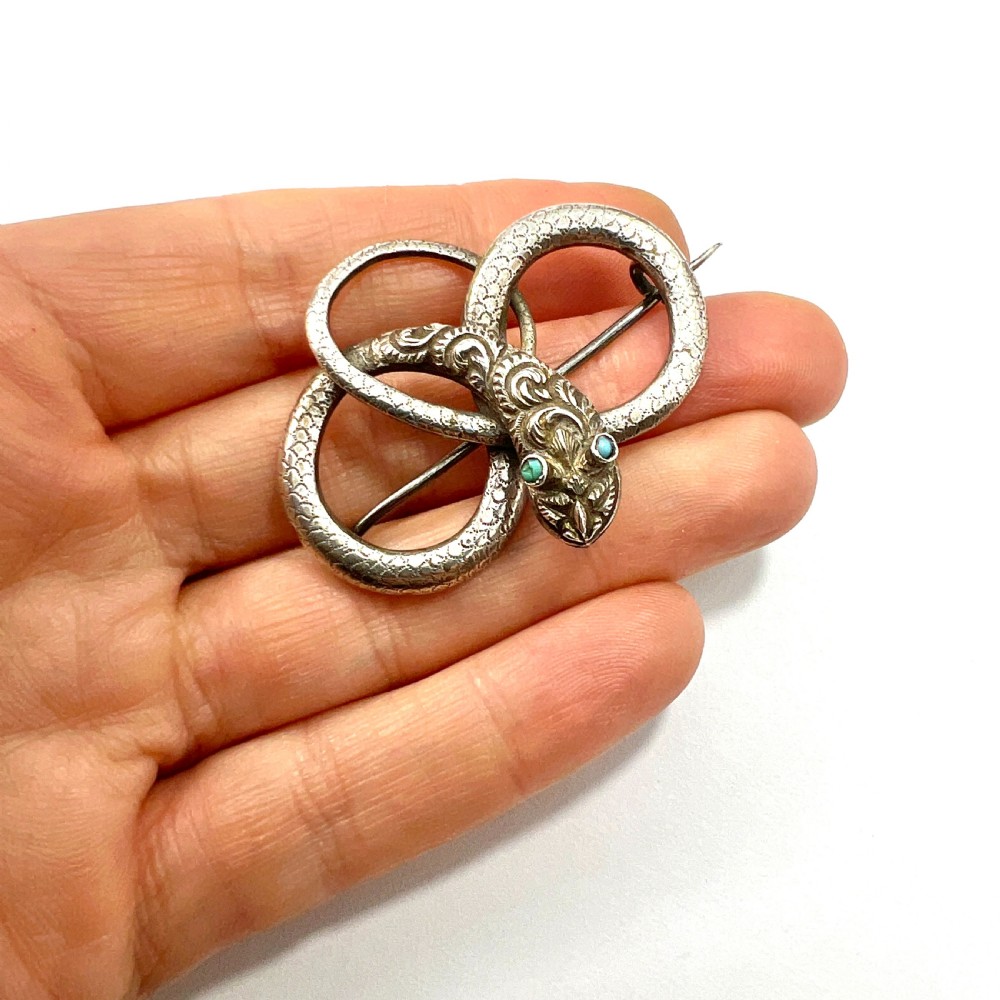 Georgian Silver Serpent Brooch with Turquoise Eyes View VII
